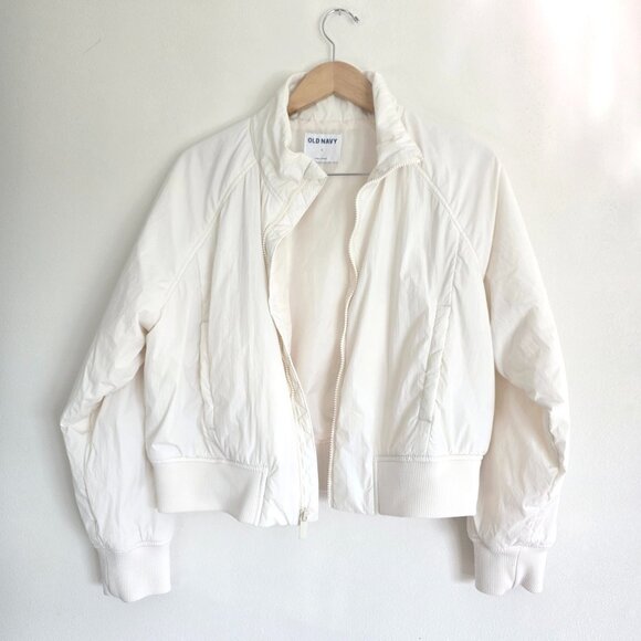 Old Navy White Puffer Oversized Crop Jacket Running Workout Lightweight Coat - Picture 3 of 11